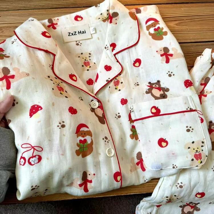 

Sweet cartoon christmas bear pajamas women s summer short-sleeved cardigan two-piece girl casual loungewear XXL
