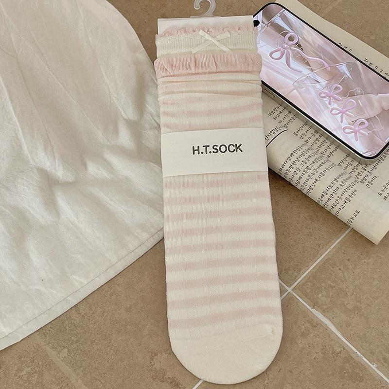 Summer Floral Ribbon Bow Lace Ankle Socks In Ballet Style, with Layered Stockings.
