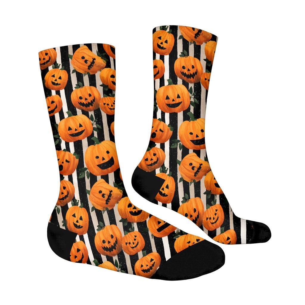 Unisex Breathable Mid-Calf Socks Halloween Pumpkin Pattern Comfortable Stretch Fit Athletic Socks for Everyday Wear