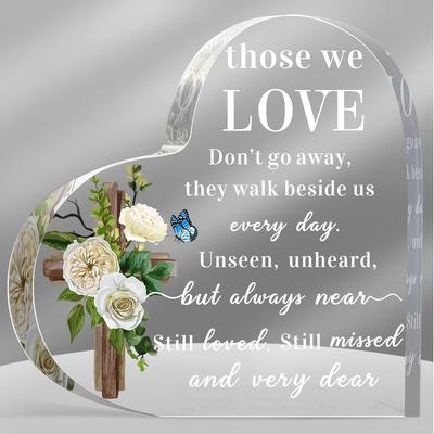 Elegante Corazón de Acrílico Recuerdo Conmemorativo - Regalo de Condolencia con Poema 'Aquellos a Quienes Amamos No Se Van' y Centro Transparente - Decoración de Mesa para Pérdida de Madre