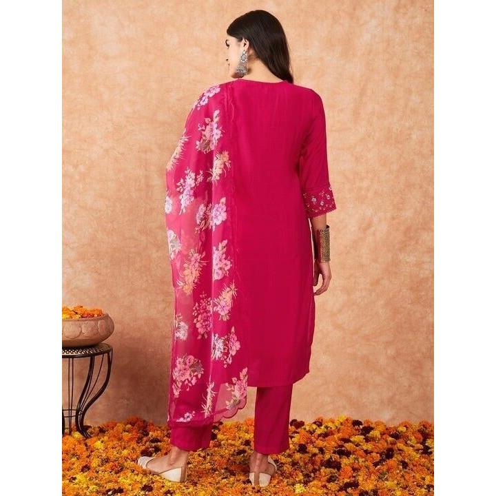 Indian Viscose Chanderi Kurta Set Women Wedding Wear Kurti Pant Dupatta Set V-101