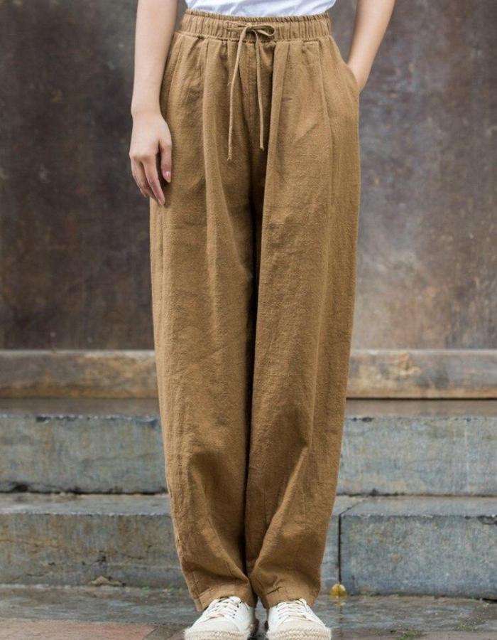 Johnature Women Vintage Elastic Waist Straight Pants Pockets Belt Solid Color Autumn Loose Casual Linen Women Pants