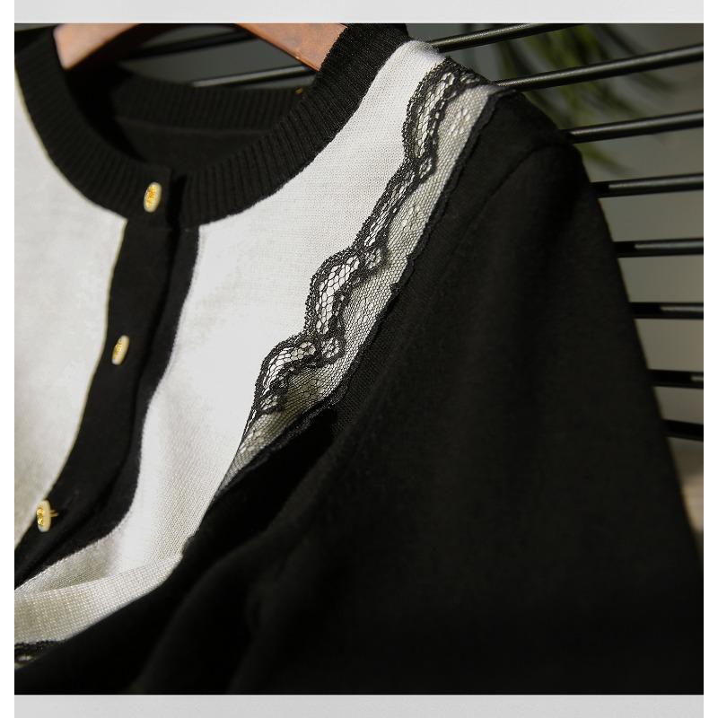 Spring Autumn Round Neck Lace Patchwork Single Breasted Knitting Coat Women Long Sleeve Cardigan Top