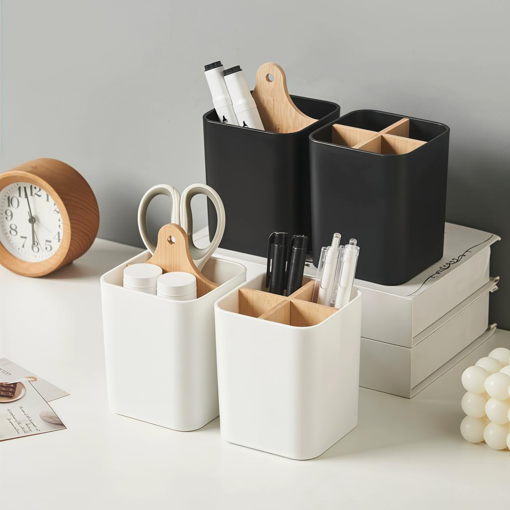 Desktop Storage Box Partition Pen Holder. Office Stationery and Miscellaneous Sorting Box. Simple Black and White Storage Bucket