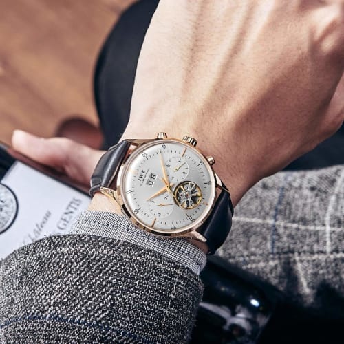 Carnival Men's Automatic Skeleton Leather Watch in Rose Gold and White