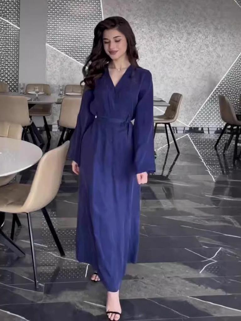 2024 Autumn Women's V-Neck Tie Waist Long Sleeve Midi Dress - Solid Color, European & American Style.