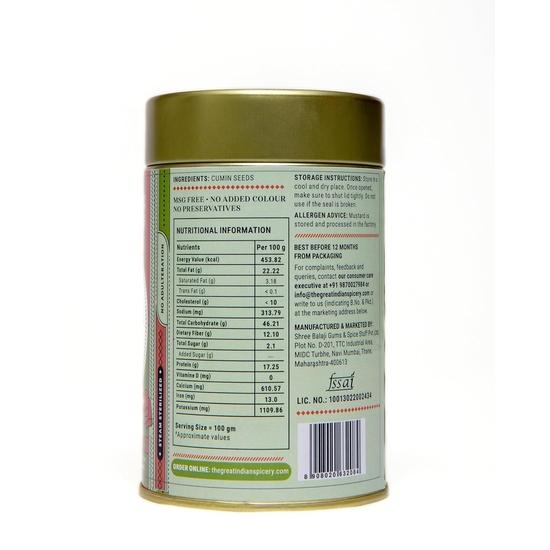 The Great Indian Spicery | Cumin Seeds (Jeera) | 100gm Tin - Steam Sterilisation, 100% Pure & Natural, Farm Fresh, Non-Adulterated | Indian Dishes