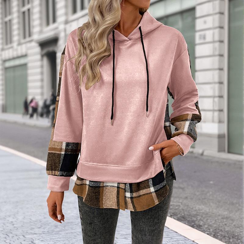 New Autumn and Winter Casual Retro Style Top, Long-sleeved Checked and Fleece Faux Two-piece Hooded Sweatshirt for Women