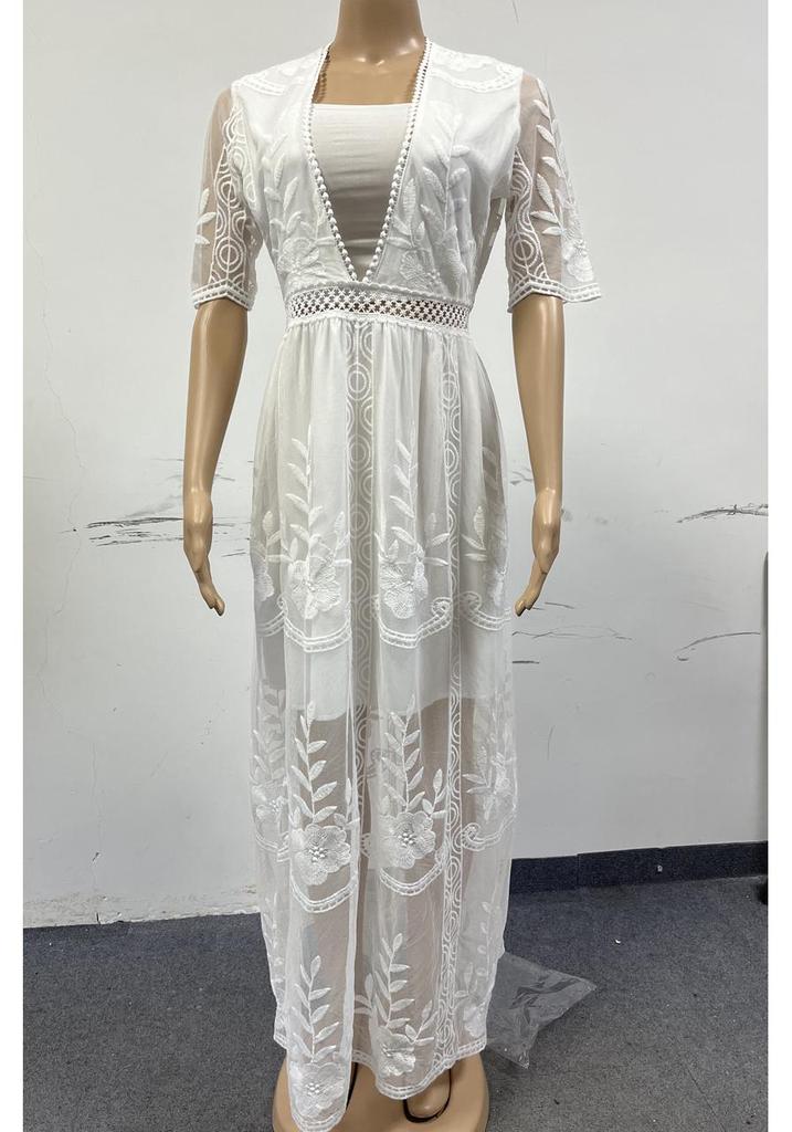 2023 Summer European & American Lace Deep V-neck Short Sleeve Long Dress