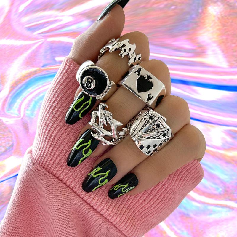 Punk Gothic Poker Ring Set for Women Vintage Spades Ace Silver Color Plated Retro Rhinestone Charm Billiards Ring Finger Jewelry