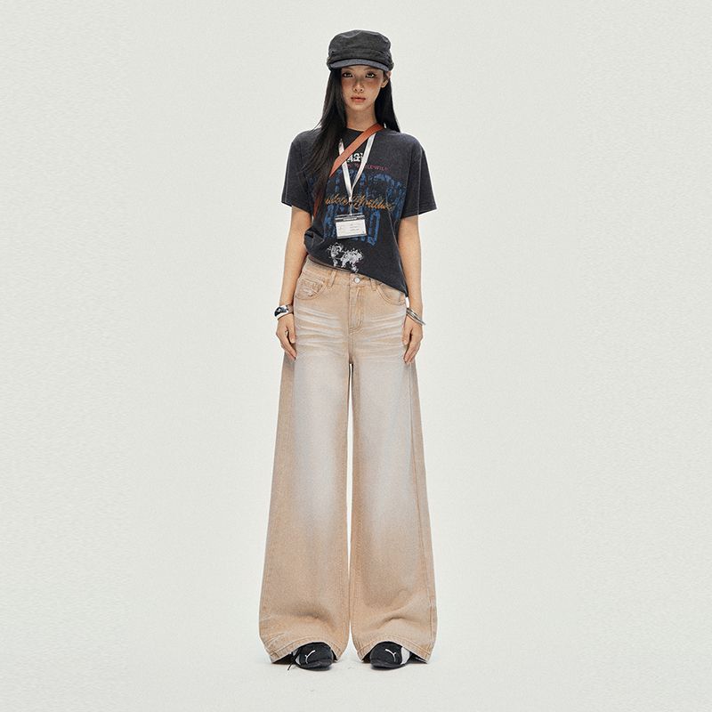 Spring Summer Washed Whisker Khaki Relaxed Straight Floor Wide Leg Denim Pants For Women Casual Pants Oversize Denim Trousers
