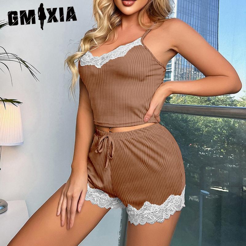 GMXIA Pajamas Women Lace Lace Decorative Pit-stripe Camisole Pajamas Shorts Set of Casual Ladies Homewear
