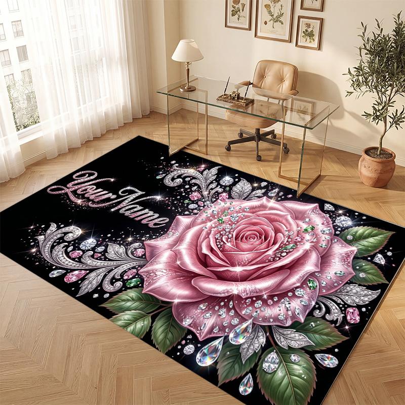 Floral Garden Theme Soft Crystal Velvet Rug Custom Name & Text Print Non Slip Floor Rug for Bedroom Living Room