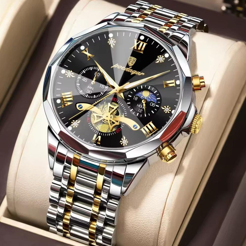 POEDAGAR Original Luxus Herrenuhr Wasserdicht Leuchtend Chronograph Armbanduhr Edelstahl Quarzuhren für Mann Reloj