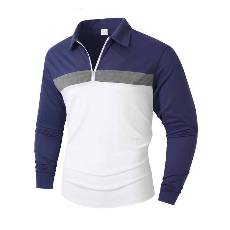 Mens Long Sleeve Color Block Zip Polo Shirt Loose Casual S