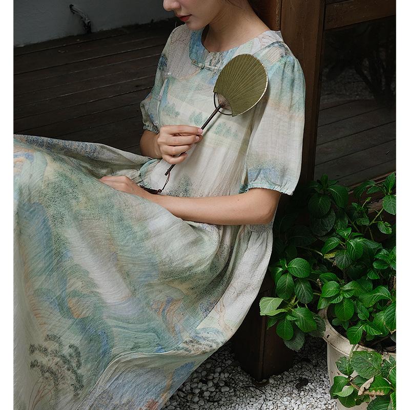 

Johnature Женское осеннее платье в китайском стиле с короткими рукавами А-силуэта, модное платье с круглым вырезом и принтом в виде рукавов-фонариков One Size