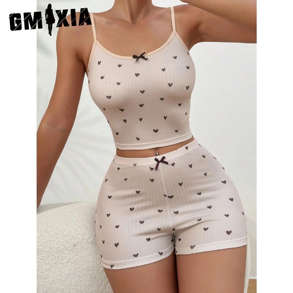 GMXIA Summer Homewear Heart-shaped Printing Bow Halter Home Leisure Suit Pajamas