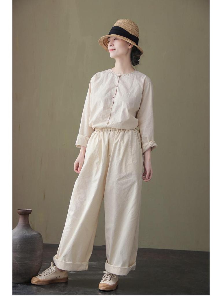 Women's Three-Season Retro Elastic Waist Wide-Leg Pants - Simple and Stylish In Raw Embryo Color