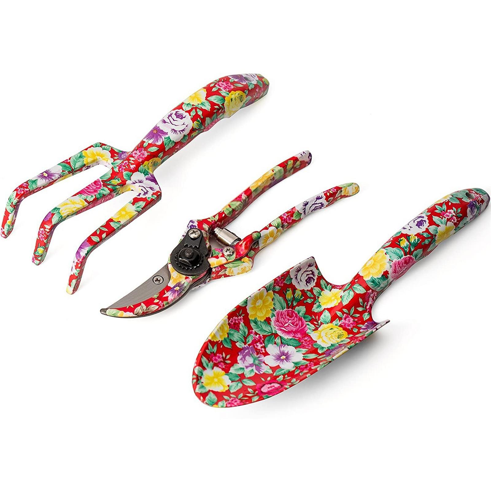 

Garden Tool Set with Trowel Hand Rake and Pruning Shears Ergonomic Floral Patterned Non Slip Handles for Planting Weeding Digging Pruning One Size