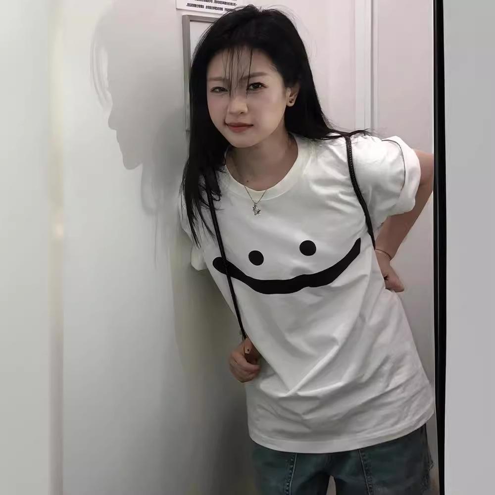 

Guochao oversize short-sleeved women s summer smiley face printed t-shirt pure cotton casual loose white top high sense S