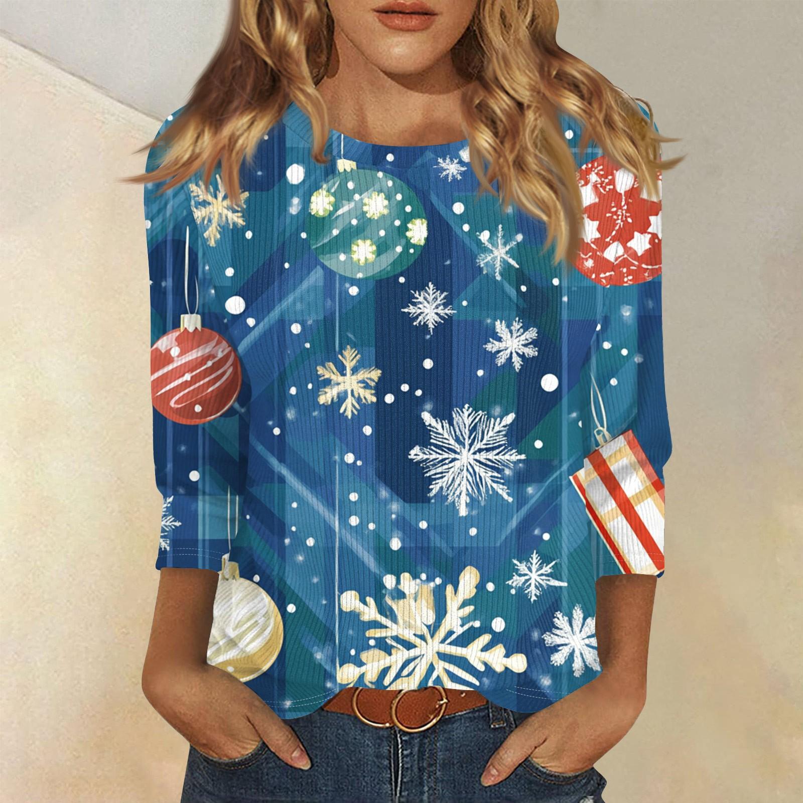 

Женская модная повседневная футболка с круглым вырезом и рукавом три четверти с рождественским принтом L синий