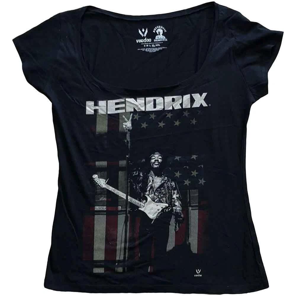 Officially Licensed Ladies Jimi Hendrix Peace Flag Black Scoop T-Shirt 4XL