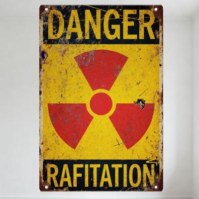 Vintage Danger Radiation Metal Tin Sign, Weathered Aged Warning Plaque with Radiation Symbol, Rusty Decor for Man Cave Bar Home