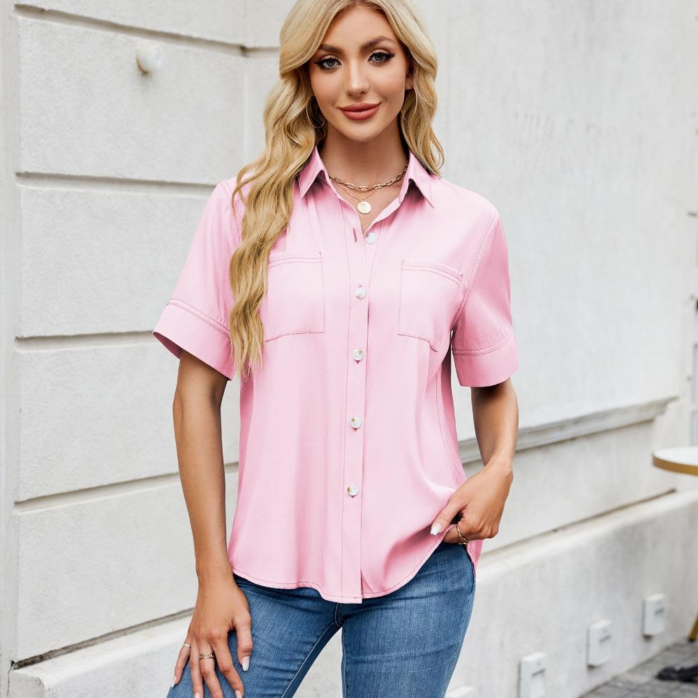 Women's Short-sleeved T-shirt Spring and Summer New Shirt Row Buckle Imitation Denim Short-sleeved Loose Shirt