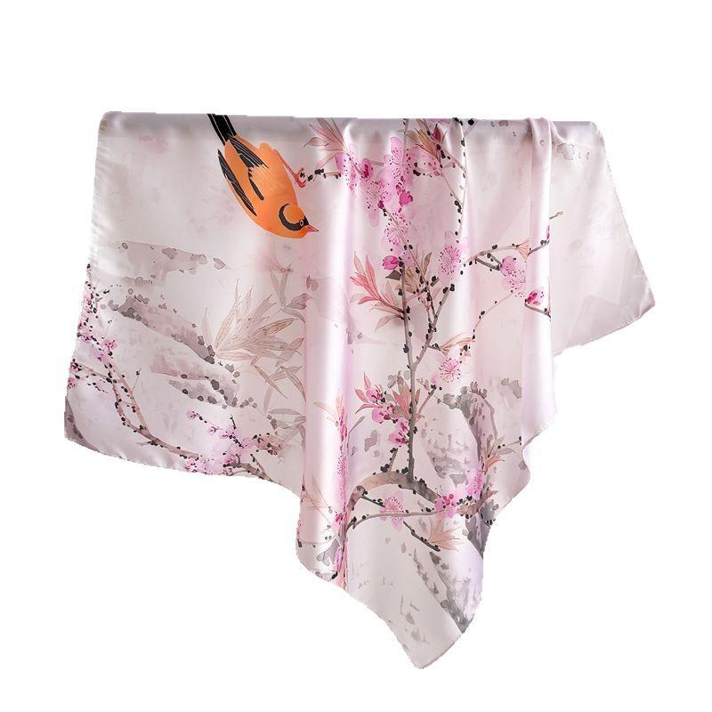70Cm Small Square Scarf Imitation Silk Scarf Headscarf Spring And Summer Flowers And Birds Dance Printed Scarf Scarf Professional Versatile Scarf