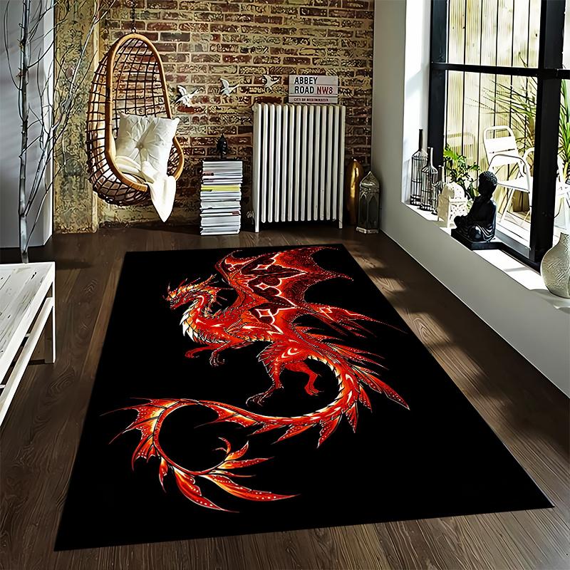 "Fiery Red Dragon Pattern Rug with Black Background for Home Decor" Suitable for use as an anti-slip for living room bedroom sofas