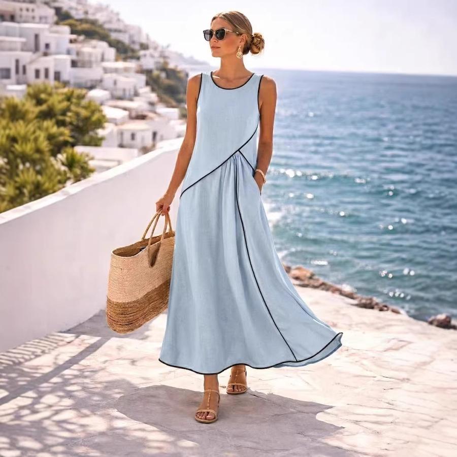 Summer New Women's Mediterranean Vacation Style Dress Women's Color Block Ruffled A-Line Dress