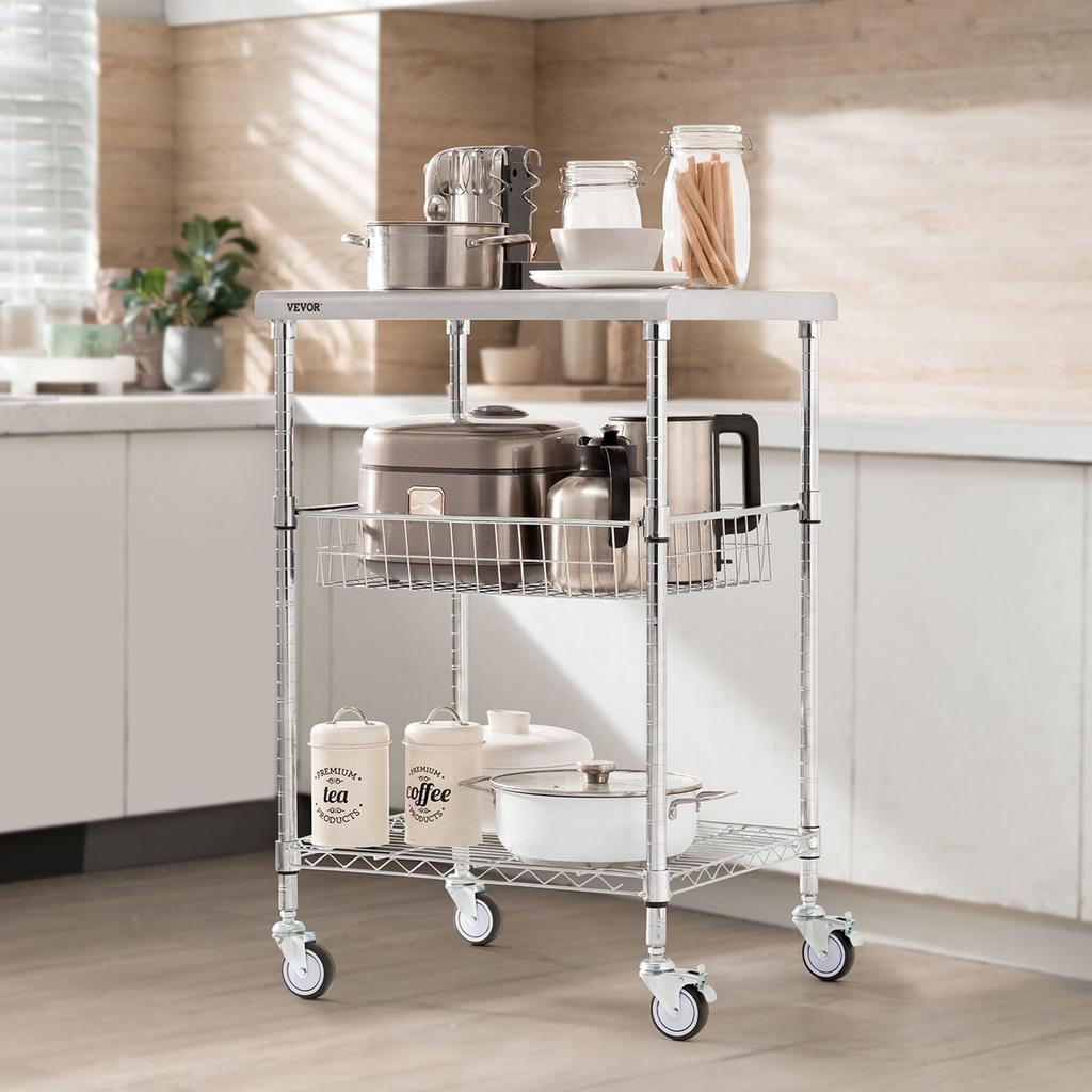 Kitchen Utility Cart, 3 Tiers, Wire Rolling Cart with 470LBS Capacity, Steel Service Cart On Wheels, Metal Storage Trolley with 76mm Basket Curved