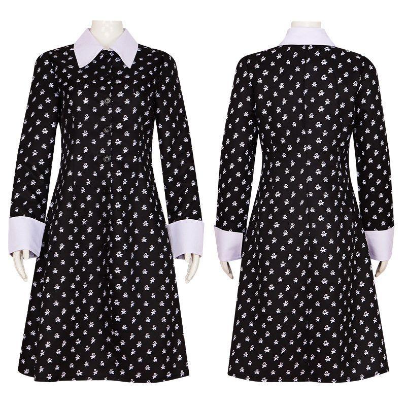 The Addams Family Cosplay Costume, Wednesday Addams Same Style, Wednesday Cosplay School Uniform, Halloween Character Adams Wednesday Dot Black Dress Children 140