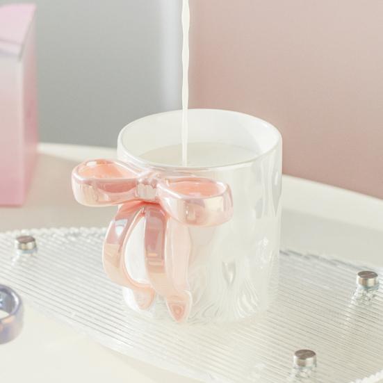Ceramic Coffee Cup with Ribbon Handle 11.8oz Elegant Pink Bow Design Tea Cup Drinking Gift