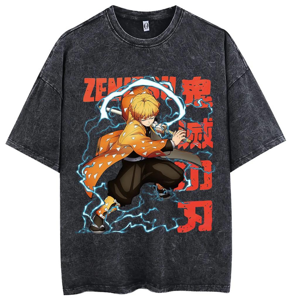 Demon Slayer Anime Printed Tshirt Mens and Womens Washed Tshirt High Quality Vintage Cotton Tshirt Harajuku YK Tops