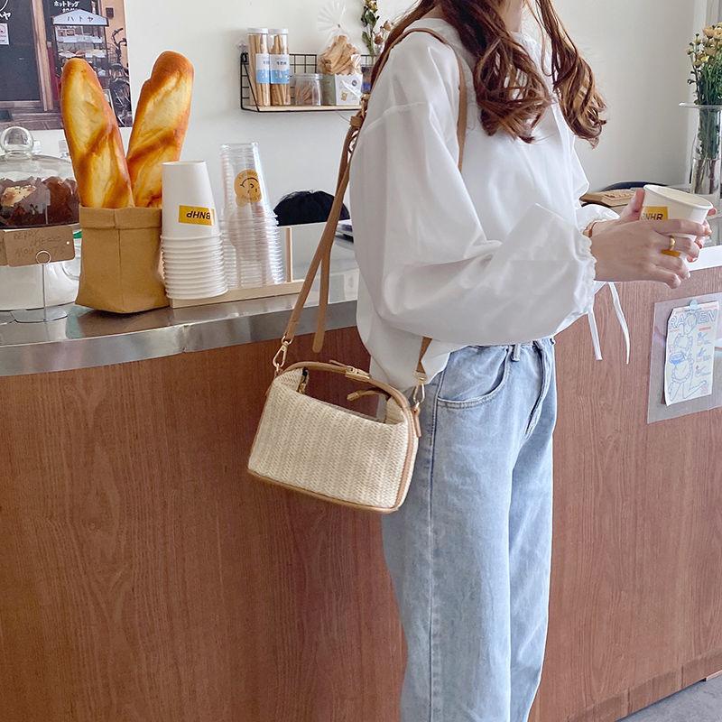 Summer Small Straw Handbag Trendy Shoulder Bag Woven Bucket Crossbody Bag Casual Seaside Beach Bag ARI