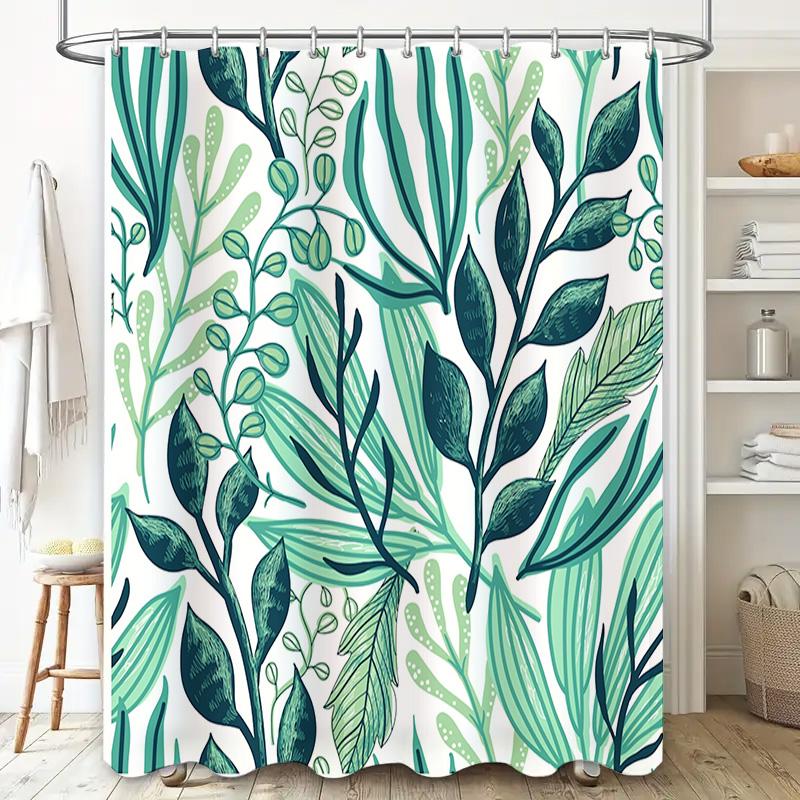 Green Leaves Shower Curtain Modern Floral Design for Bathroom Decor Waterproof Fabric with Hooks Included Set Length