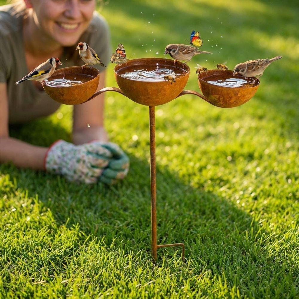 Metal Garden Rain Catcher Rusted Bird Feeding Station Freestanding Birdbath Stand Outdoor