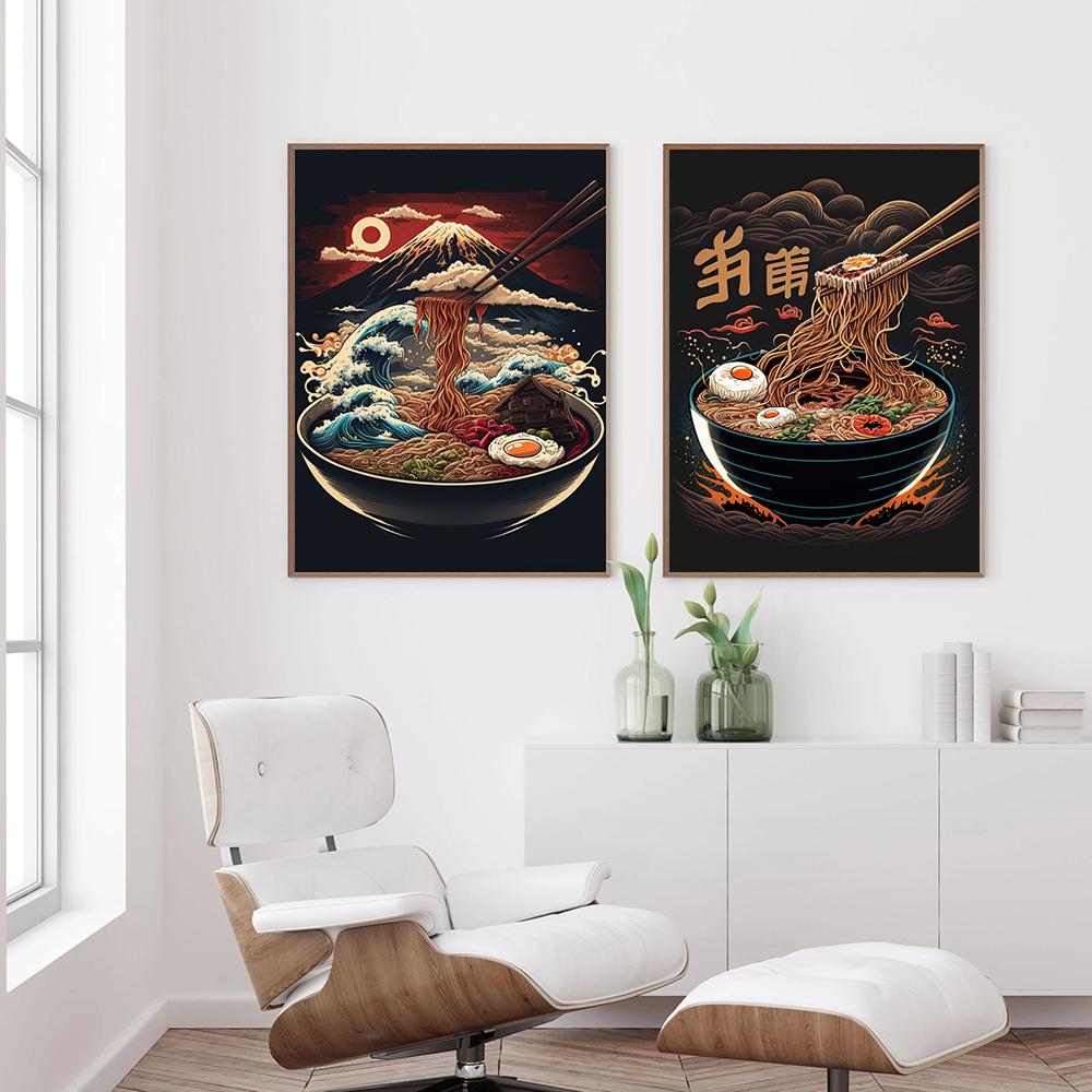 Ramen Japanese Food Wall Art Modern Vintage Cartoon Kitchen Decor Art Print Pictures Retro Funny Dining Room Canvas Painting