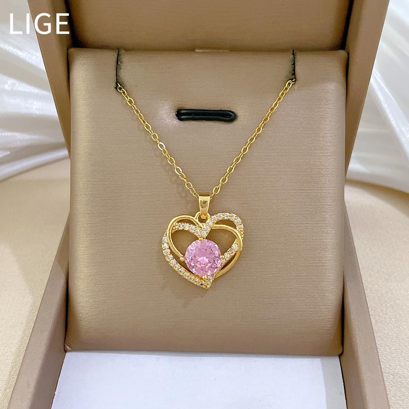 Pink Double-Layer Love Full Diamond Light Luxury Temperament Gorgeous Full Diamond Necklace Female Versatile Collarbone Chain Titanium Steel