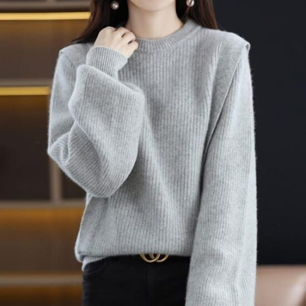 Navava Long Sleeve Knit Sweater Simple Ribbed Round Neck Nk2433