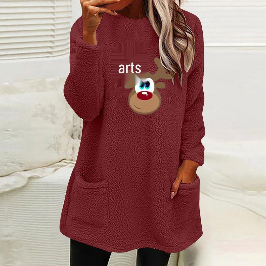 Women's Christmas Deer Print Fleece Sweatshirt with Pockets and Long Sleeves