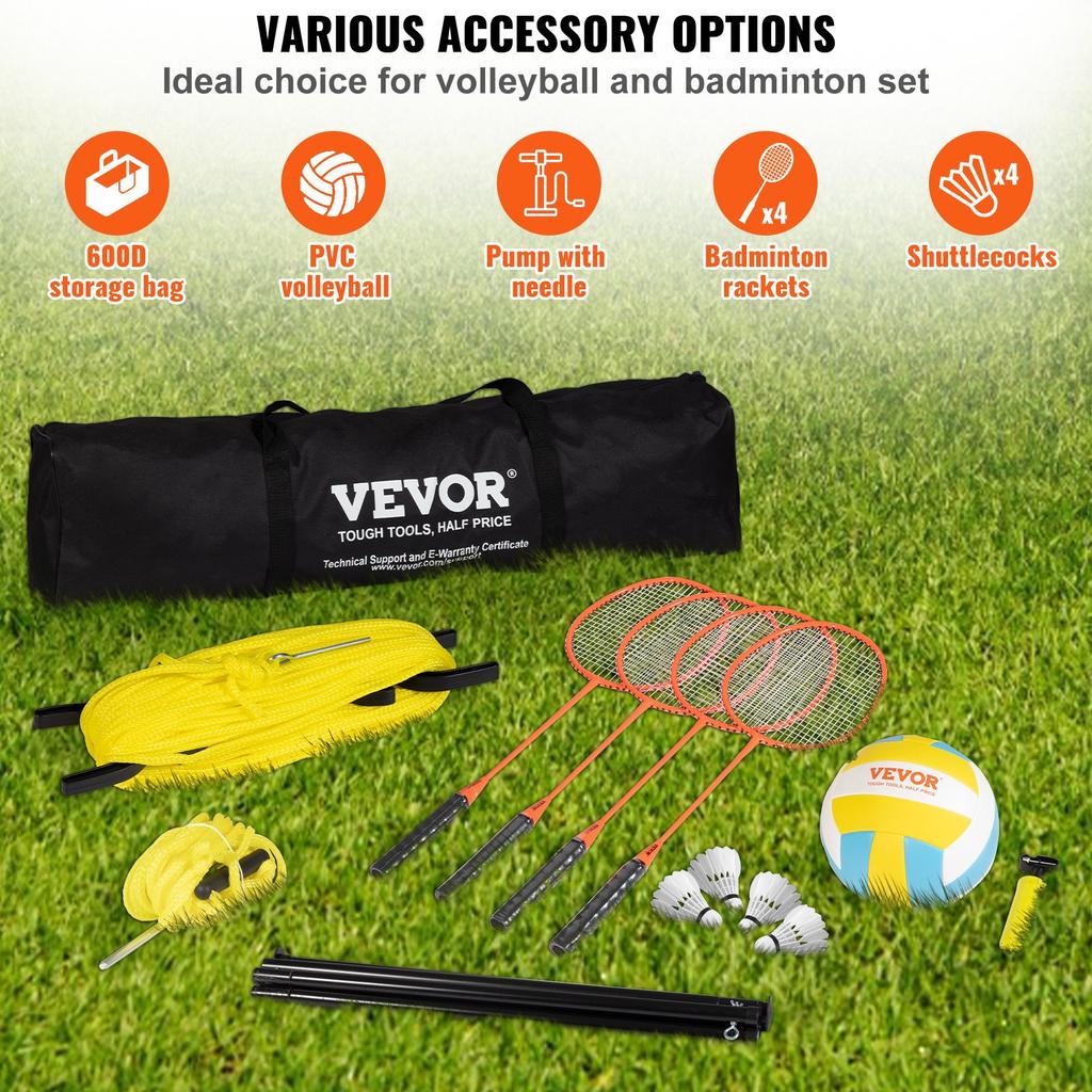 VEVOR Volleyball and Badminton Set, Outdoor Portable Badminton Net, Adjustable Height Steel Poles, Professional Combo Set with PVC Volleyball, Pump