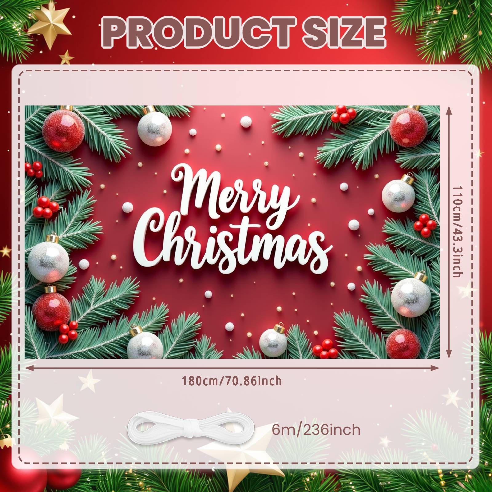 Festive Display Glossy Baubles Christmas Display Merry Christmas Banner Green Foliage Xmas Backdrop For Christmas Party Office