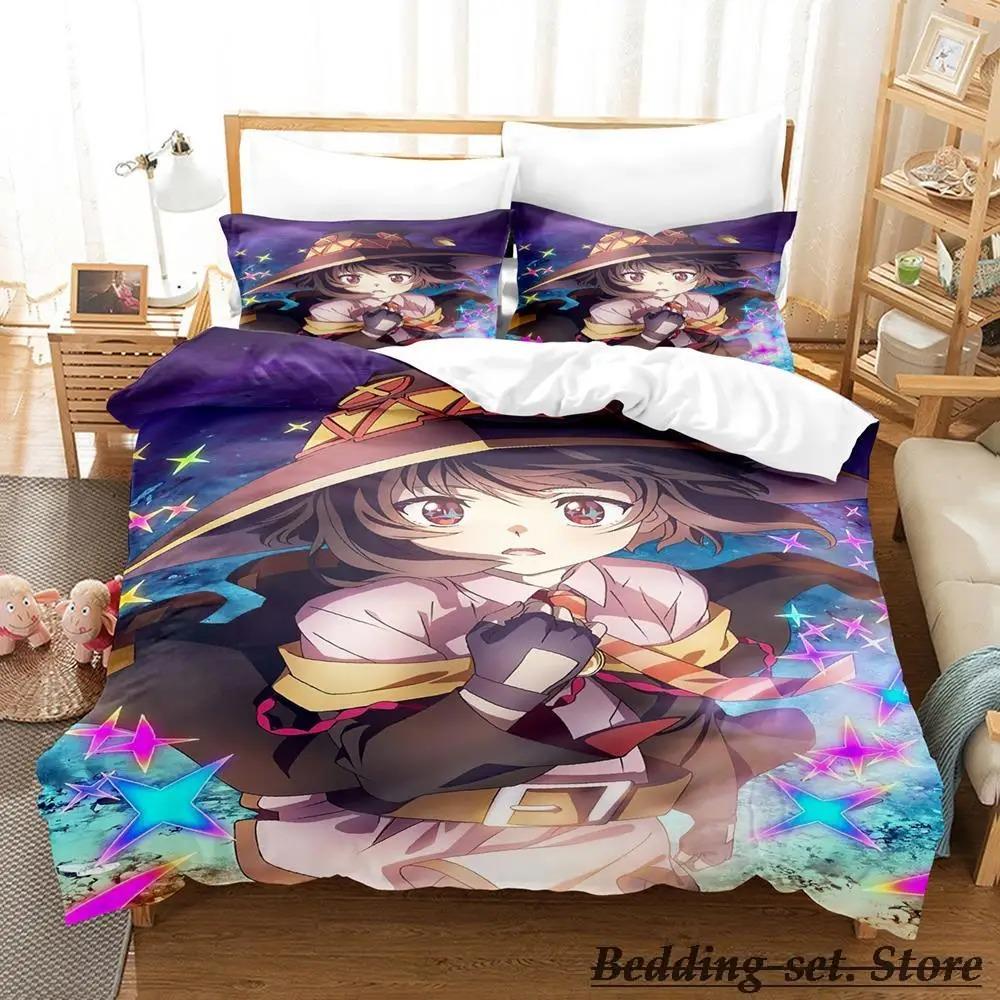 KonoSuba Bedding Set Cartoon Anime Three-piece Set Adult Kid Bedroom Duvetcover Sets 3D Kawaii Girls Lit 2 Personnes