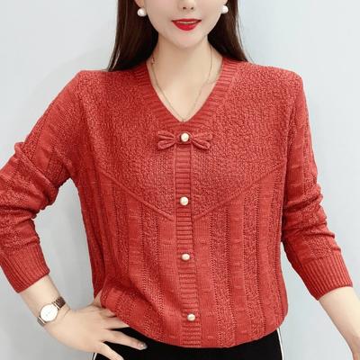 Stile Nazionale con Fibbia da Donna con Maglieria a Maniche Lunghe, Camicia Larga Primaverile e Autunnale, Top Pullover