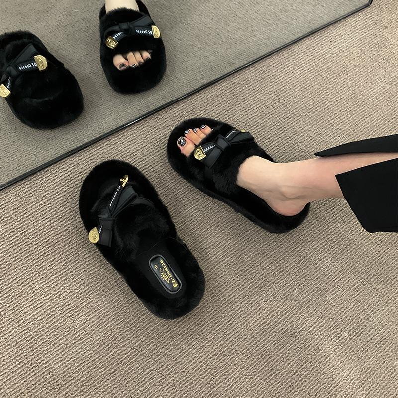 Fashion Shoes Home Slippers Women's Platform Winter Footwear Pantofle Fur Flip Flops Slides Beige Heeled Sandals Massage 2025 Plush