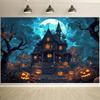 Ghost House Halloween Background Cloth - Non Electric Party Decoration Banner with Manor Pumpkin Lantern  Full Moon  and Bats