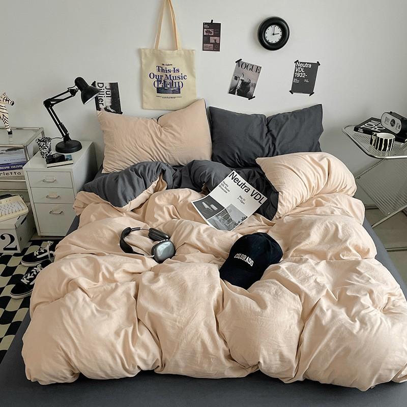 Washed Cotton Bedding Set Solid Color Brushed Bed Sheets Dorm Home