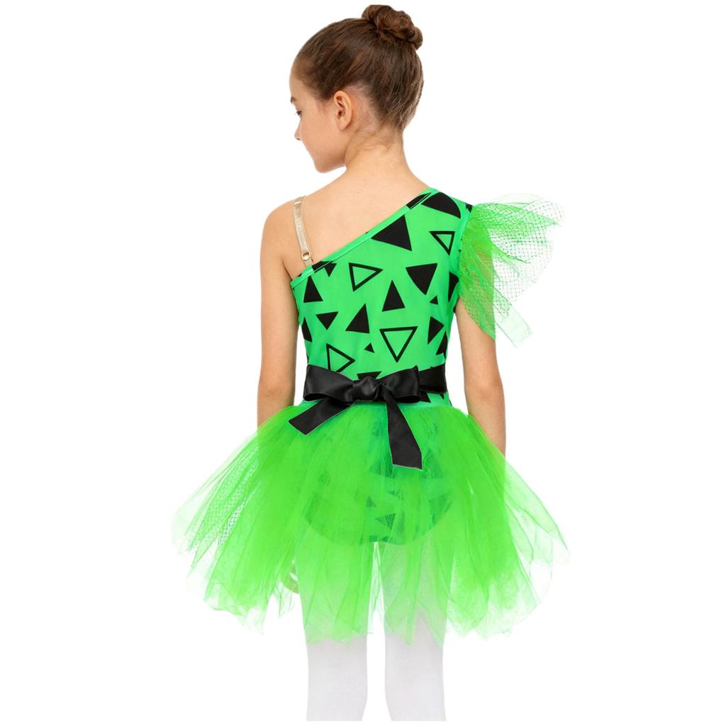 Dívčí kostým jeskynní ženy Patchworkové tutu šaty Nastavitelný popruh Síťované krátké rukávy Všité kalhotky 3D kostěný pásek Prehistorický kostým